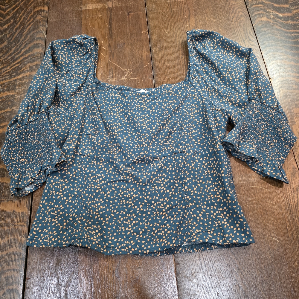 Lush square neck puff sleeve square neck green floral crop top blouse M